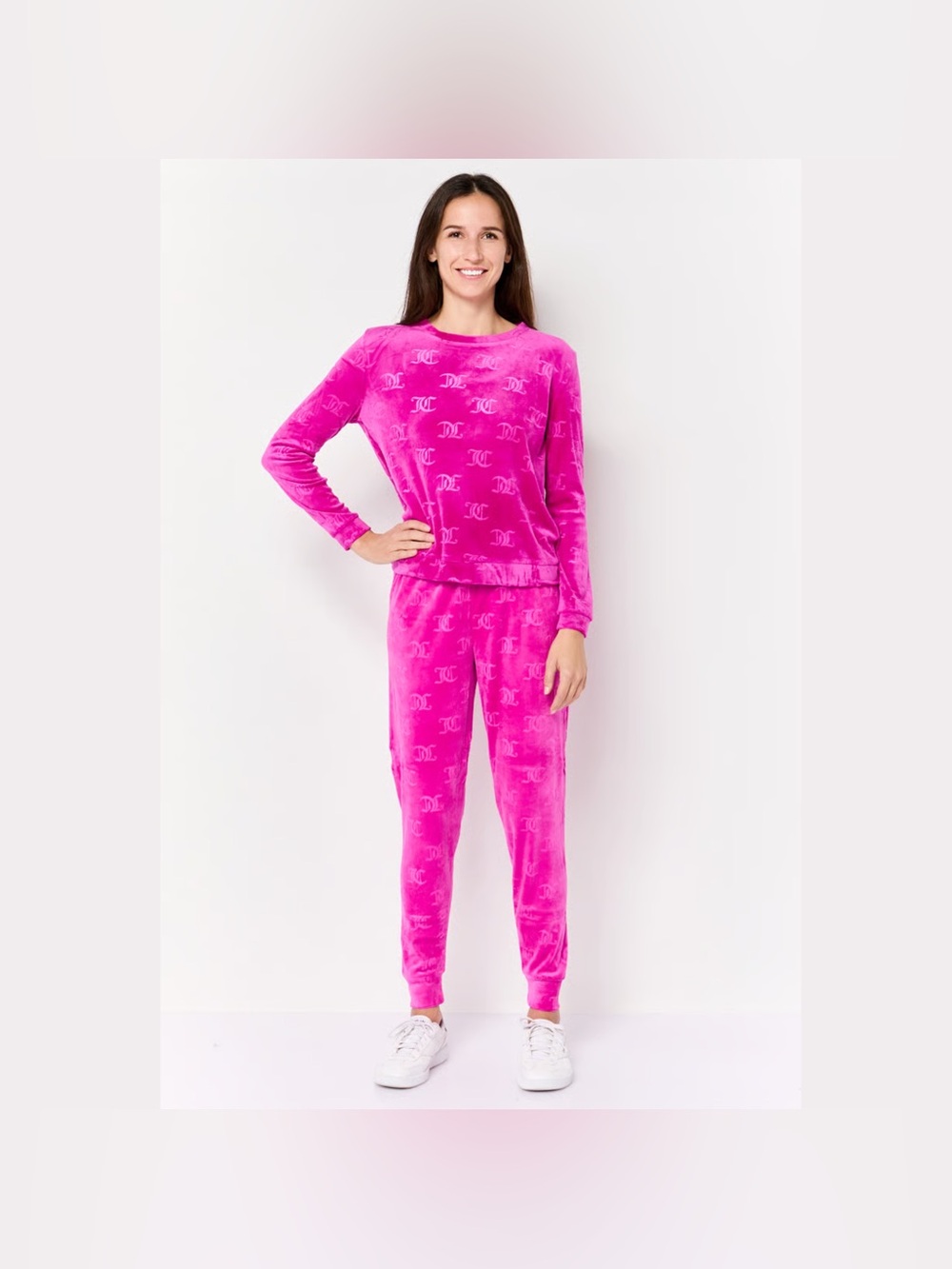 Juicy Couture S Velour Velvet Lounge 2-Piece Lounge Pajamas JC Monogram Hot Pink